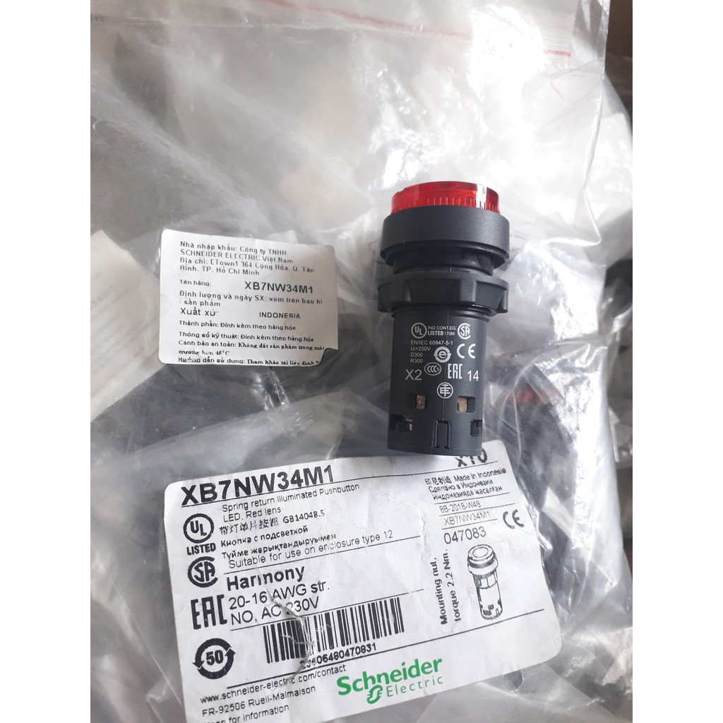 Nút nhấn có đèn XB7NW34M1 Schneider , phi 22mm, Đèn màu đỏ 220V