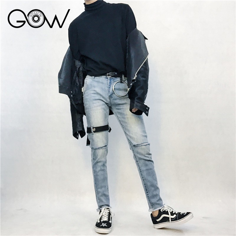 Quần jean nam Gowdaily phong cách streetwear rách gối có đai đùi dáng Slimfit, Xanh D091 | BigBuy360 - bigbuy360.vn