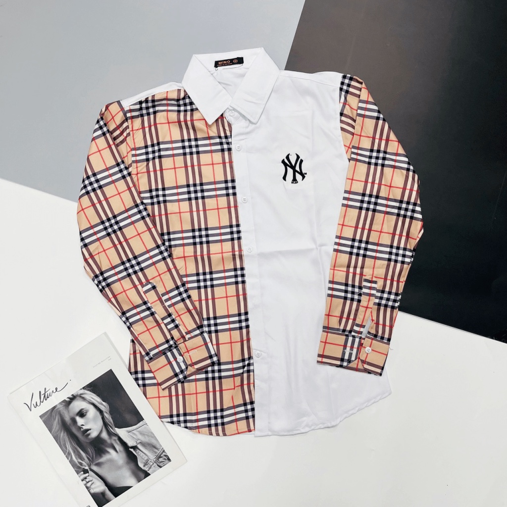 Áo Sơ Mi Nam Tay Dài Logo Thêu Sang Trọng Phối Nửa Sọc Caro Vải Lụa Cao Cấp Mềm Mịn Phong Cách Thời Trang Hot Trend Mới