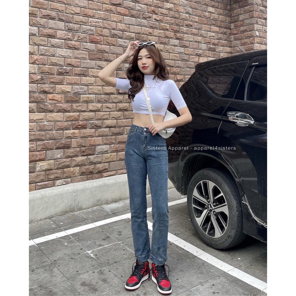 Quần Jeans suông 2 nút co giãn -QJ096 (Xanh/Đen)
