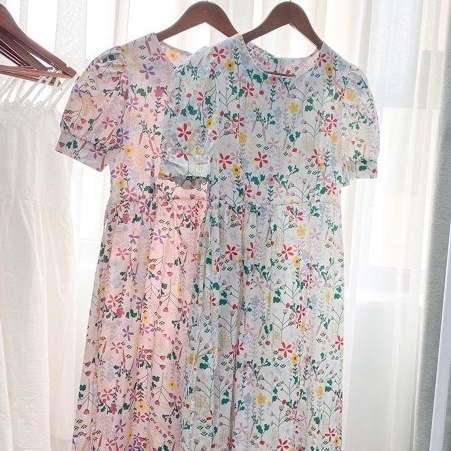 Váy hoa nhí vintage dáng dài đi biển, đầm hoa nhí babydoll cộc tay ulzzang có bigsize GOROGI