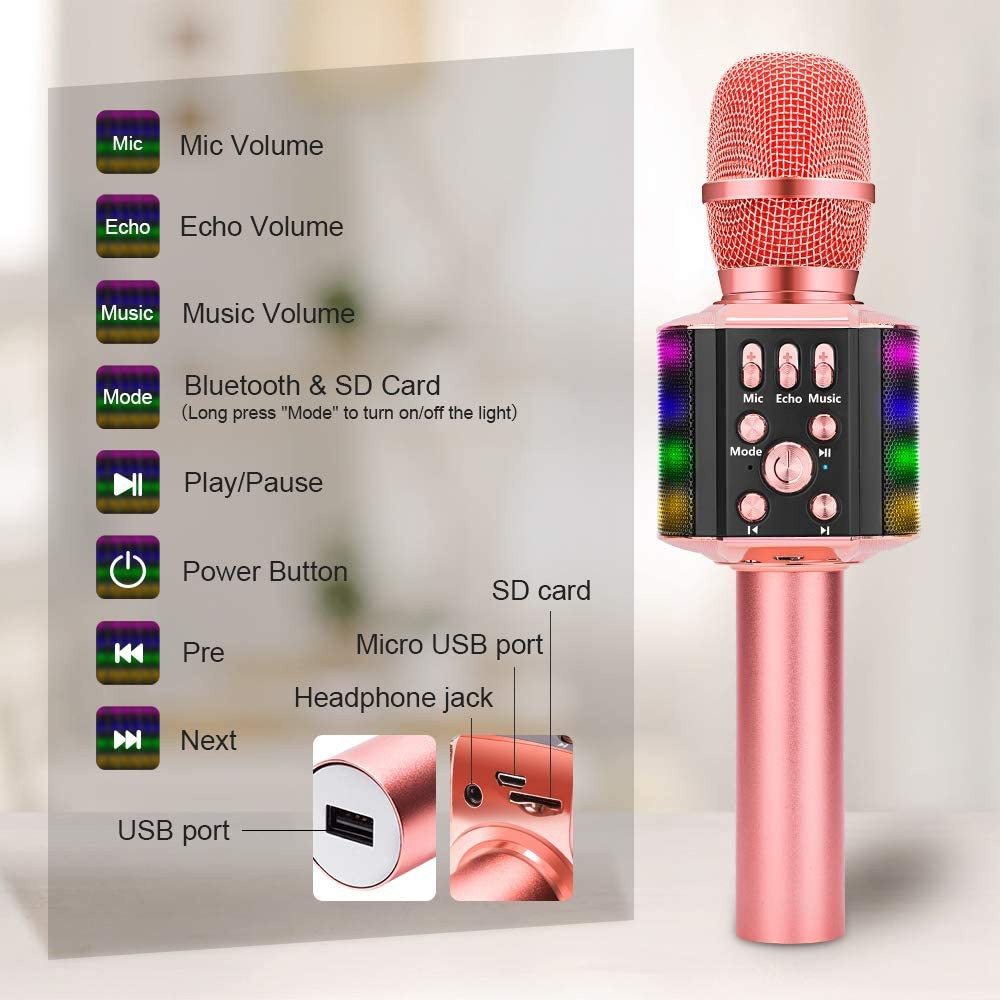 Microphone Karaoke Portable Bluetooth Không Dây Loa Speaker Đèn Led 4 in 1 cho Máy Hát Android IOS PC Tablet Bonaok