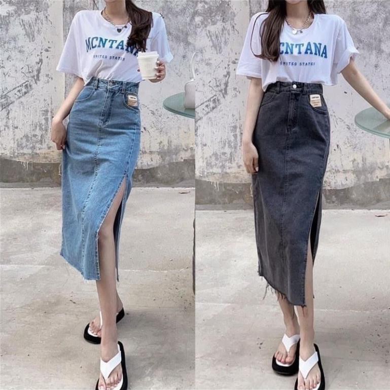 Chân váy bò dài xẻ chân mác túi nâu 1 khuy, Chân váy dáng dài xẻ đùi - MOONMY | BigBuy360 - bigbuy360.vn