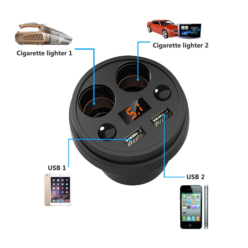 Tẩu sạc nhanh PECHAM 5V 3.1A hai cổng usb có màn hình led hiển thị tiện dụng cho xe ô tô