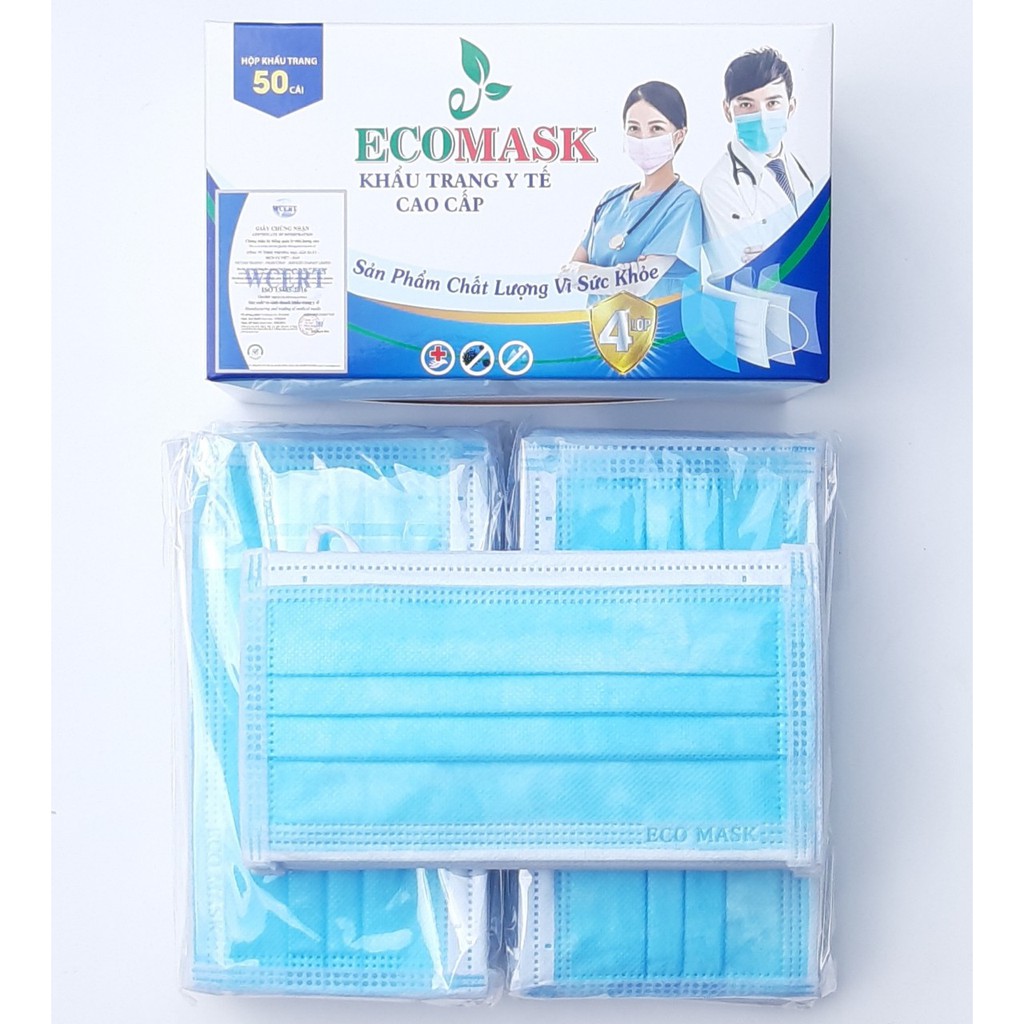 [50 cái] Khẩu trang y tế 4 lớp ECO Mask kháng khuẩn không thấm nước (màu xanh)