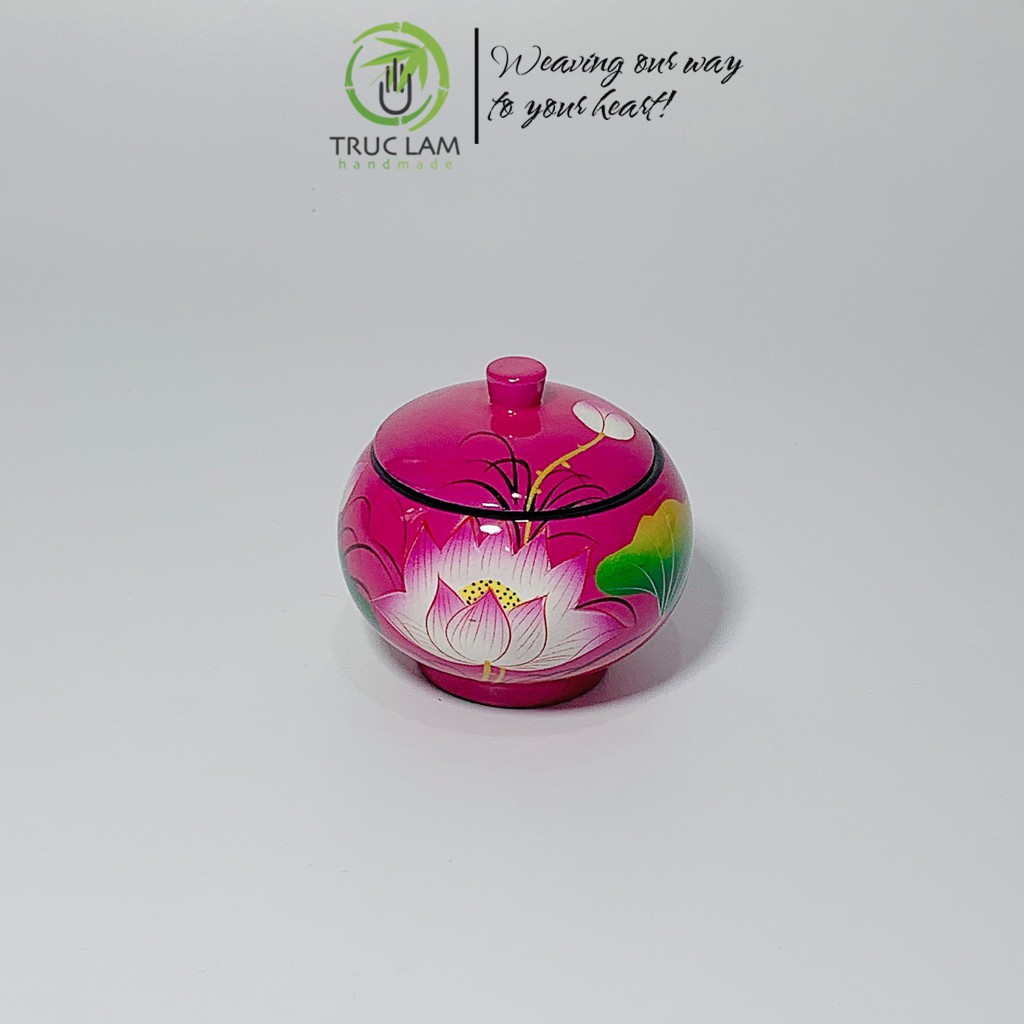 Hộp Sơn Mài Hình Hũ Tròn Trang Trí Họa Tiết Vẽ Tay Hình Bông Sen - Trúc Lâm Handmade
