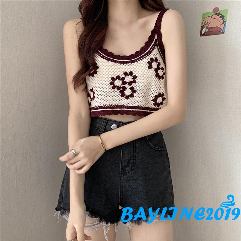 Áo dệt kim cổ tròn hở rốn thêu họa tiết thời trang quyến rũ cho nữ