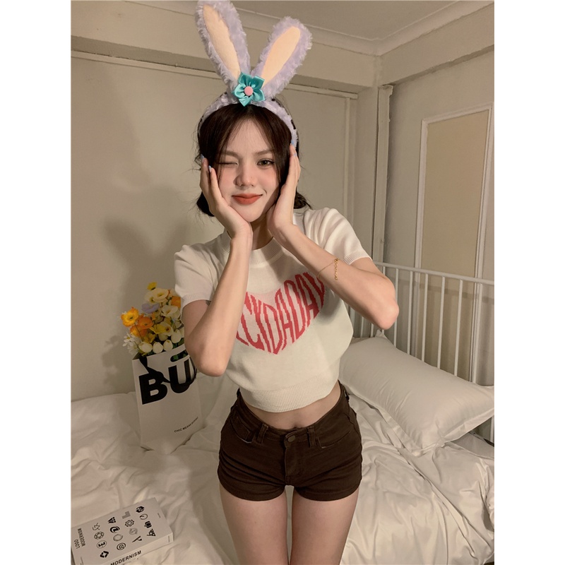 HUANG YOYO Áo Croptop Dệt Kim Tay Ngắn Cổ Tròn Dễ Thương Phong Cách Hàn Quốc Cho Nữ vicolas