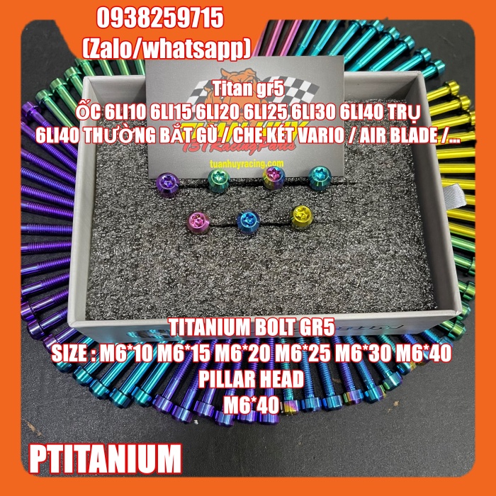 ốc titan gr5 6li trụ 6li10 6li15 6li20 6li25 6li30 6li35 6li40 (titanium bolt pillar head m6 6x10 6x15 6x20 6x25 6x30...