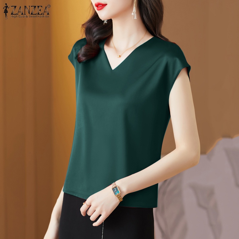Áo satin Zanzea ngắn tay cổ chữ V thời trang dành cho nữ