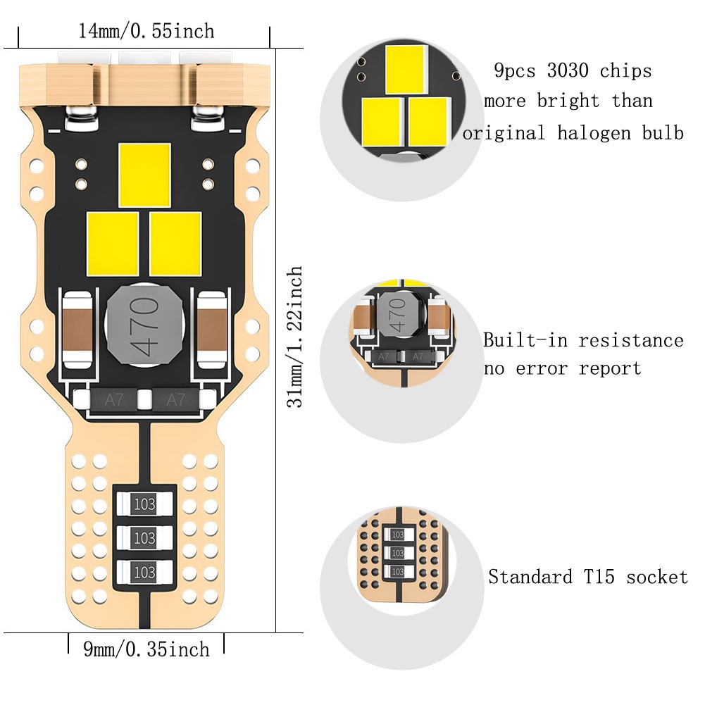 Set 2 Đèn LED T16 T15 W16W 2835 9-SMD 6000K Canbus 921 912 12V Ánh Sáng Trắng Dành Cho Ô Tô