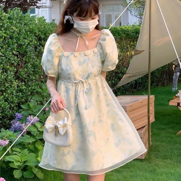 Đầm Chữ a Cổ Vuông Tay Phồng Mẫu Mới Ngọt Ngào Cho Nữ