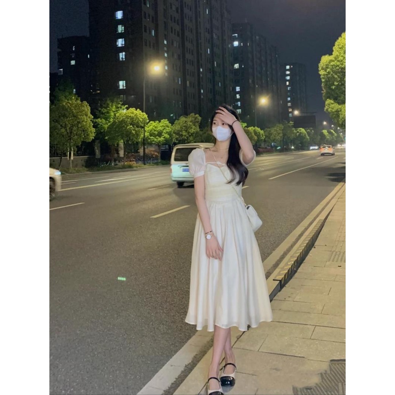 Đầm Cổ Vuông Tay Phồng Họa Tiết Kẻ Sọc Thiết Kế Eo Cao Thời Trang Mùa Hè Mới Cho Nữ