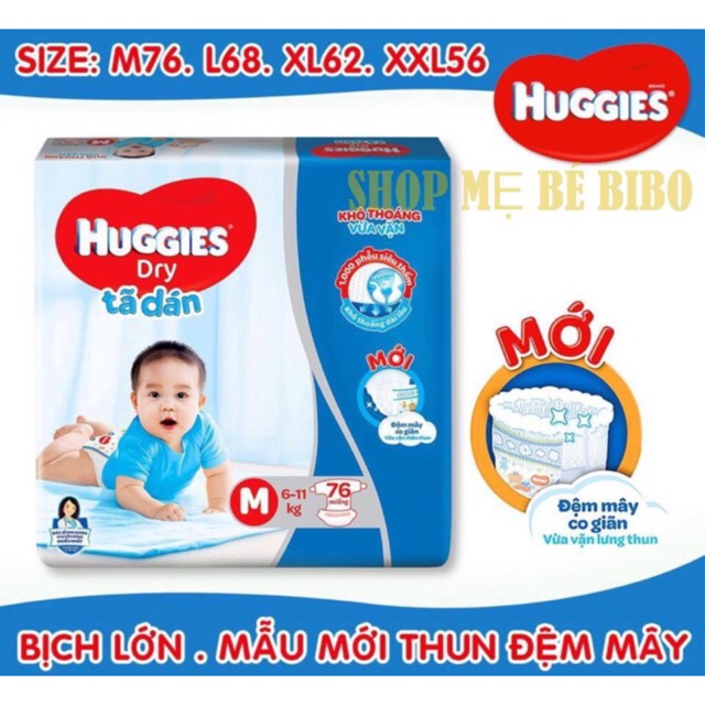 TẢ DÁN HUGGIES CỰC ĐẠI ( mẫu mới đệm mây co giản ) M74, L68,XL62,XXL 56