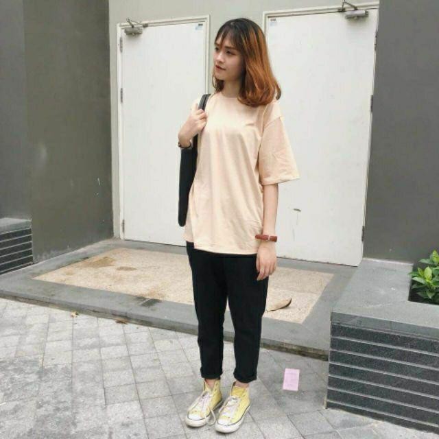 áo thun tay lỡ màu hồng dâu nam &amp; nữ FOME RỘNG có chọn size, chất thun xịn 1xal-00