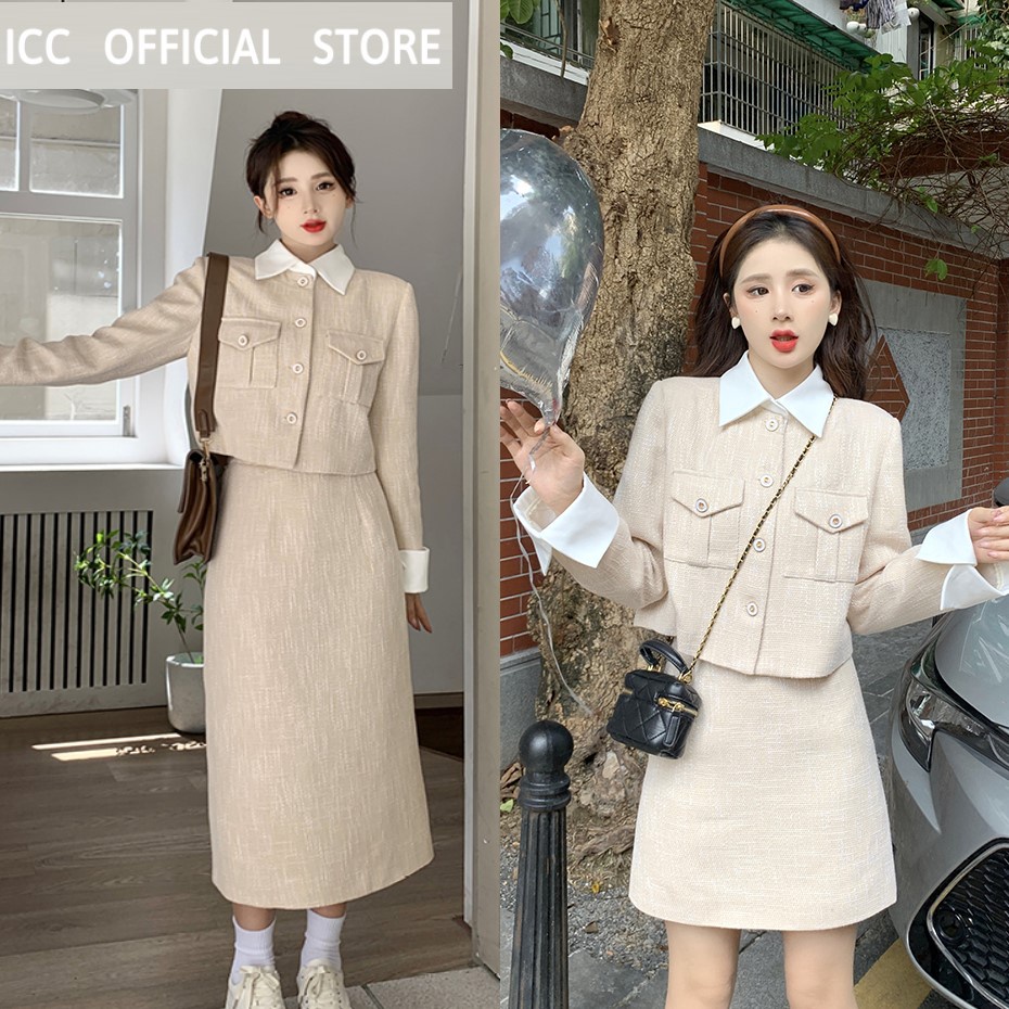 Set Áo Váy Dạ Tweed Màu Vàng Be Siêu Sang Chảnh Có Ảnh Thật AC053