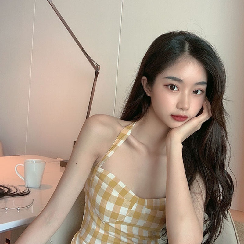 Đầm IELGY dáng chữ A không tay họa tiết sọc caro phong cách retro thời trang cho nữ