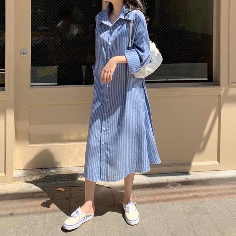 Váy sơ mi kẻ sọc dài tay dáng suông kèm đai