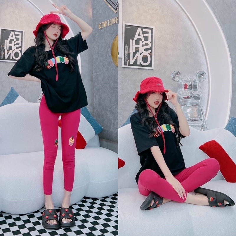 Set áo cotton hình thêu lông xinh xắn quần ôm hàng cao cấp