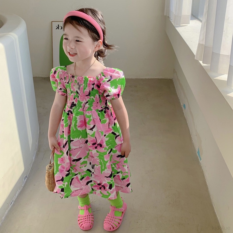 Đầm Công Chúa Tay Phồng Cổ Vuông In Họa Tiết Hoa Dễ Thương Dành Cho Bé Gái
