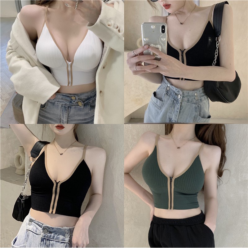 Cocory vn Áo Ngực Phối Khóa Kéo Có Mút Ngực Gợi Cảm Thời Trang Cho Nữ