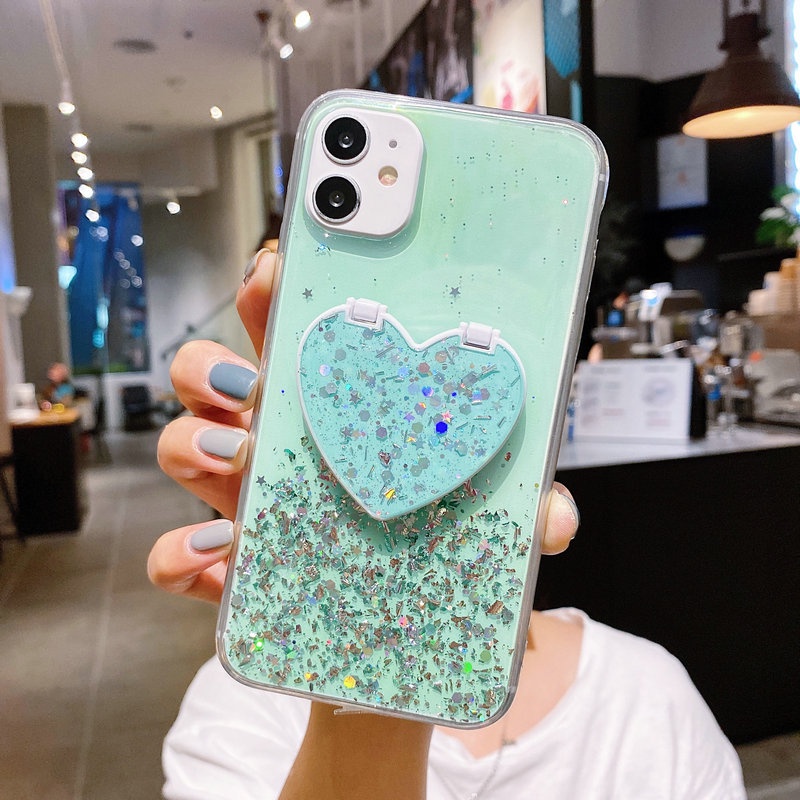 Case iPhone 12 Mini 11 Pro Max 6 6S 7 8 Plus X XR XS XS Max SE 2020 Epoxy Silver Foil Glitter Phone Case Heart-shaped mirror bracket - Green  Purple