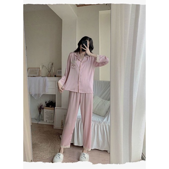 Bộ lụa mặc nhà Pyjama lụa hoạ tiết siêu xinh