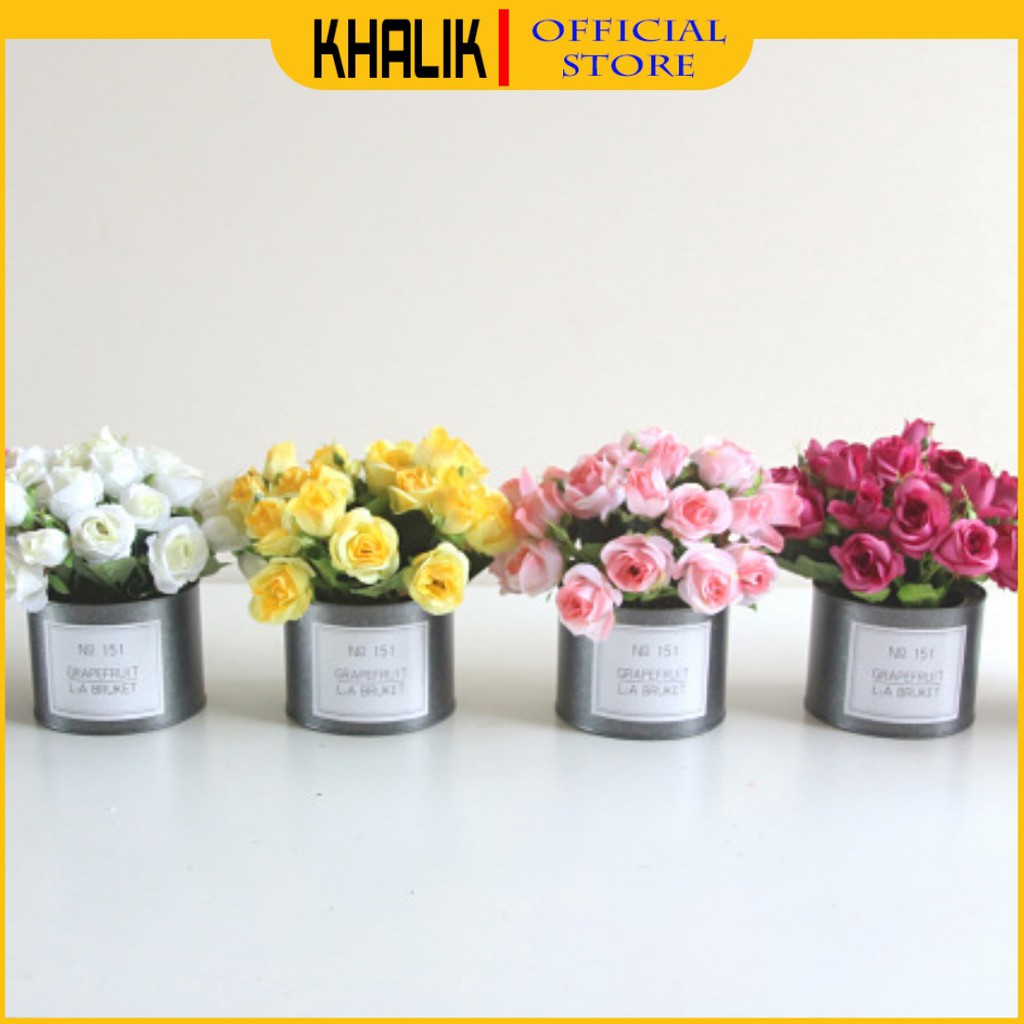 [Hàng đẹp] Hoa giả trang trí Decor KHALIK - HỒNG CHẬU SẮT - HF006 - Đã bao gồm cả bình đựng