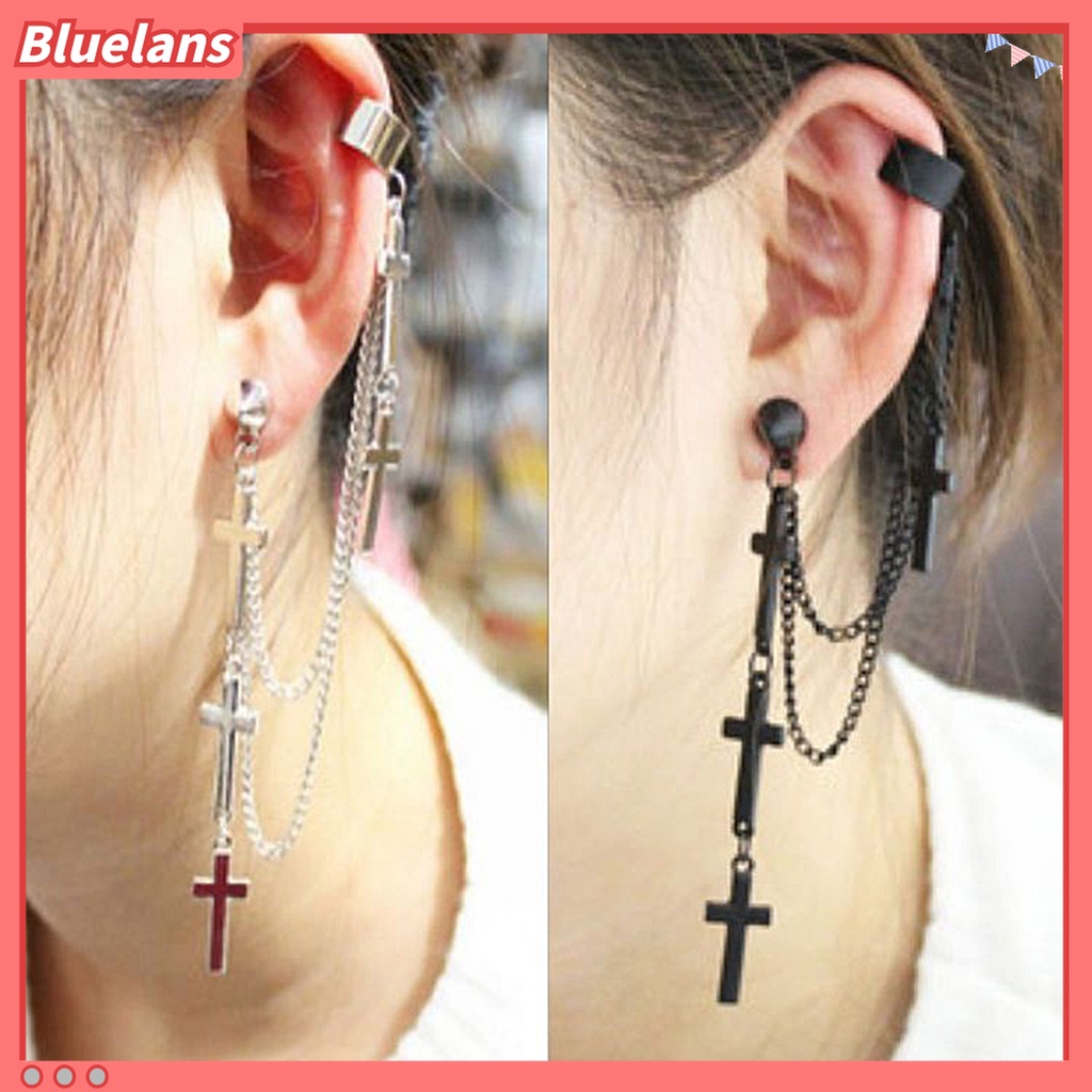 Đôi Khuyên Tai Mặt Hình Chữ Thập Phối Chuỗi Xích Dài Phong Cách Punk