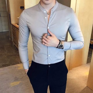 ÁO SƠ MI LỤA CỔ TÀU CAO CẤP MÀU XÁM GHI, DÁNG ÔM, CHÁT VẢI MỀM MỊN CHỐNG NHĂN