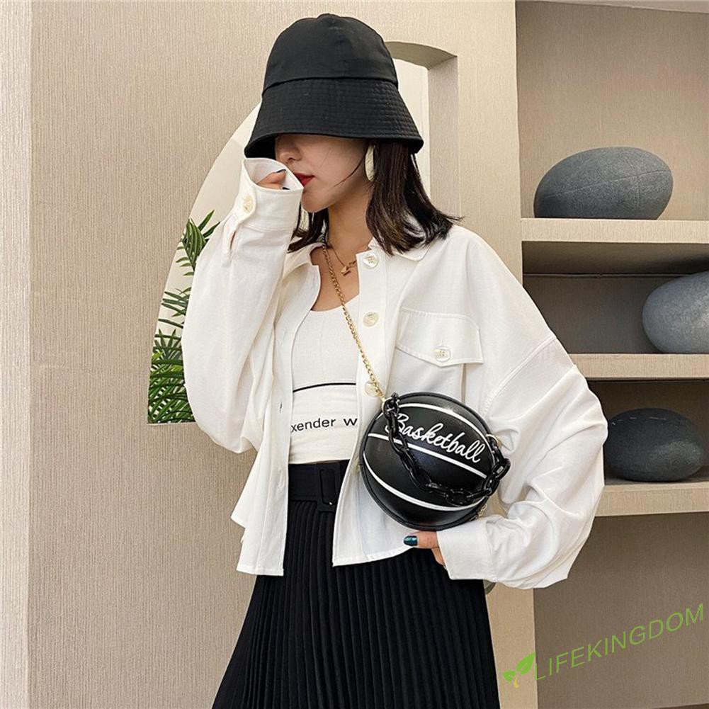 Túi xách acrylic thiết kế hình quả bóng rổ tròn phối dây đeo chuỗi xích thời trang dành cho nữ