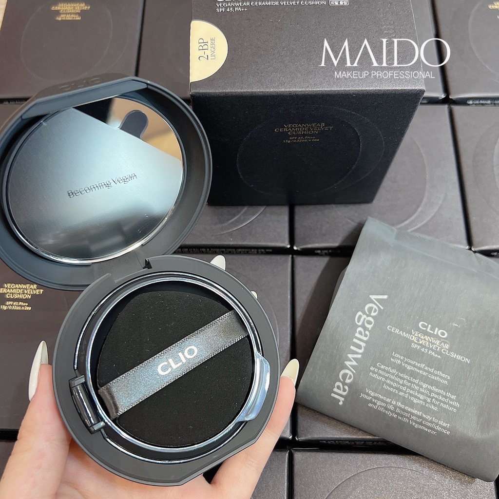 Phấn Nước Clio Veganwear Ceramide Velvet Cushion SPF45 PA++ lì, mịn, mỏng nhẹ vừa phải có độ che phủ cao MAIDO cosmetics
