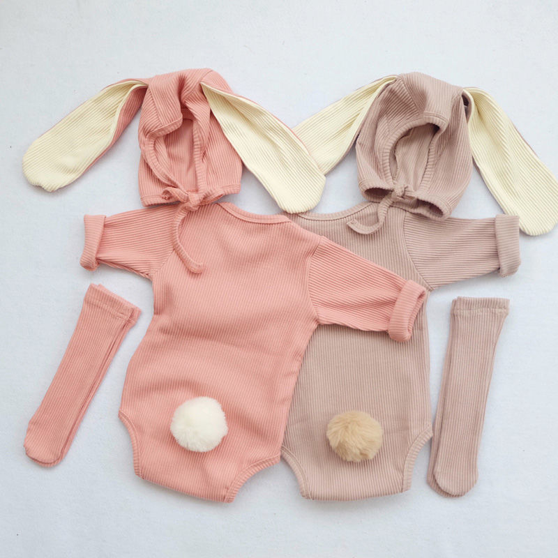 Bộ Áo Liền Quần Dài Tay + Mũ Tai Thỏ Cho Các Bé Sơ Sinh