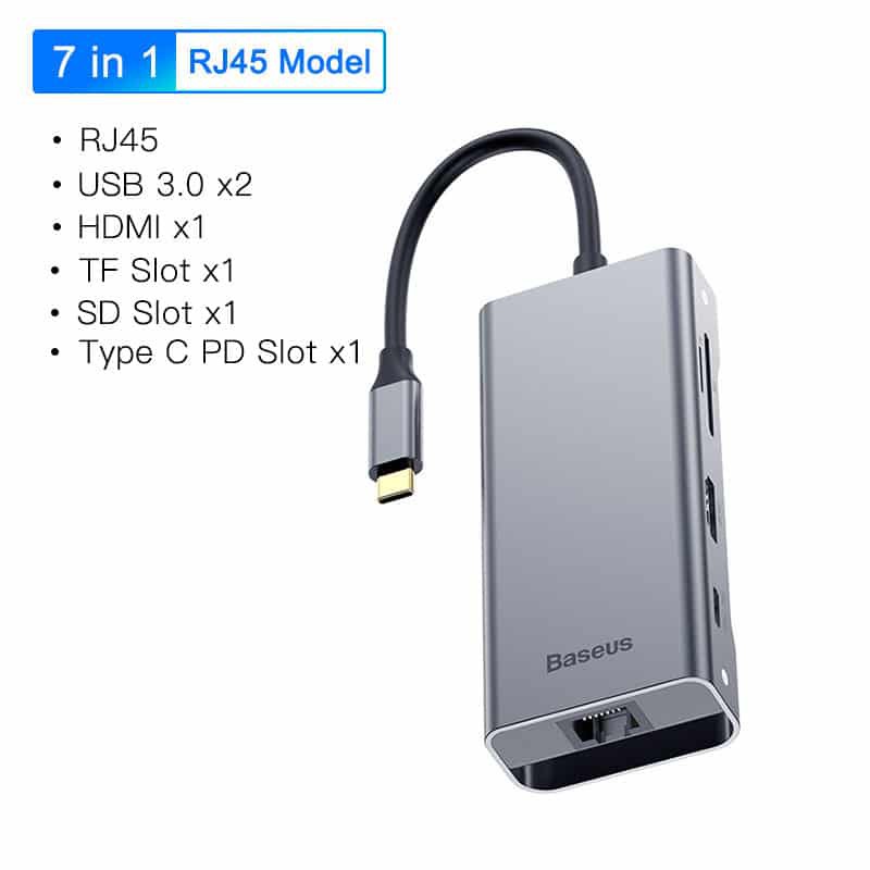 HUB chuyển đổi Baseus 7in1 USB Type-C sang USB3.0x2 + HDMI 4K / HD + USB-C (PD) + RJ54 + TF / SD