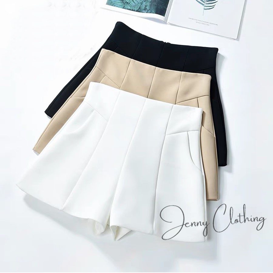 Quần short nữ cạp liền siêu cao có túi khóa thật - Màu Đen Trắng Kem - Vải tuyết mưa mềm mát chạy bộ gym mặc nhà ngủ đi