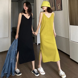 Đầm Hai Dây Dáng Rộng Dài Qua Gối Xẻ Tà Chất Liệu Lụa Lạnh Plus Size 2022 Cho Nữ