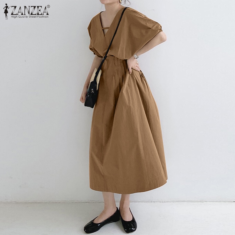 Đầm Zanzea dài tay cổ V tay ngắn phồng xếp ly thời trang cho nữ