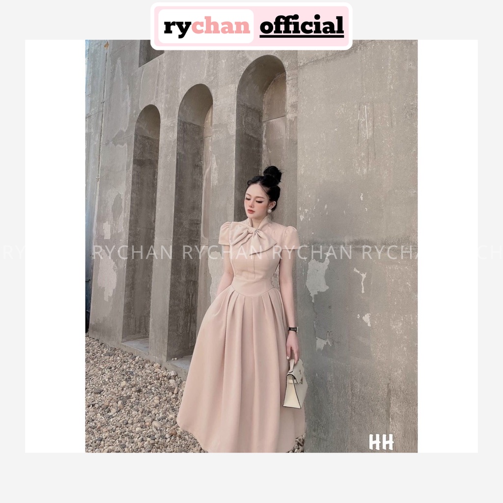 Đầm Xòe Midi Tay Hến Chiết Eo Cổ Đính Nơ [Ảnh Thật Cuối] - DX0070