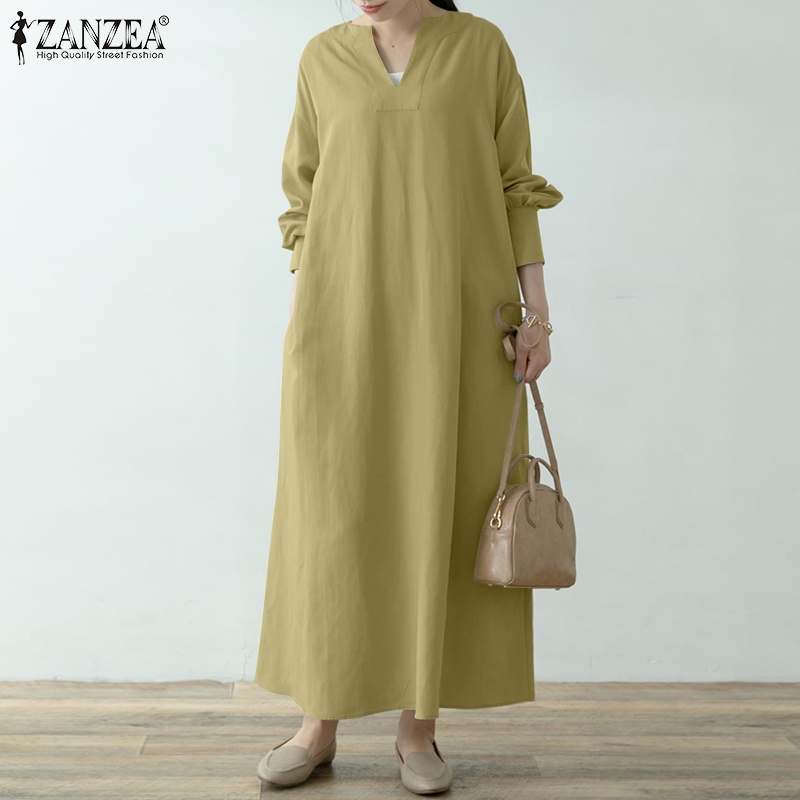 Đầm maxi ZANZEA tay dài cổ chữ V dáng rộng màu trơn thời trang Hàn Quốc
