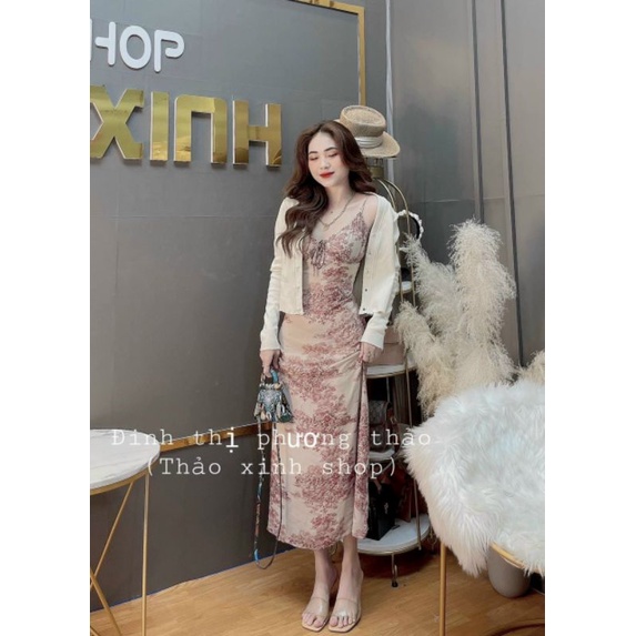 Set váy hai dây dáng dài phong cảnh kèm áo khoác trắng