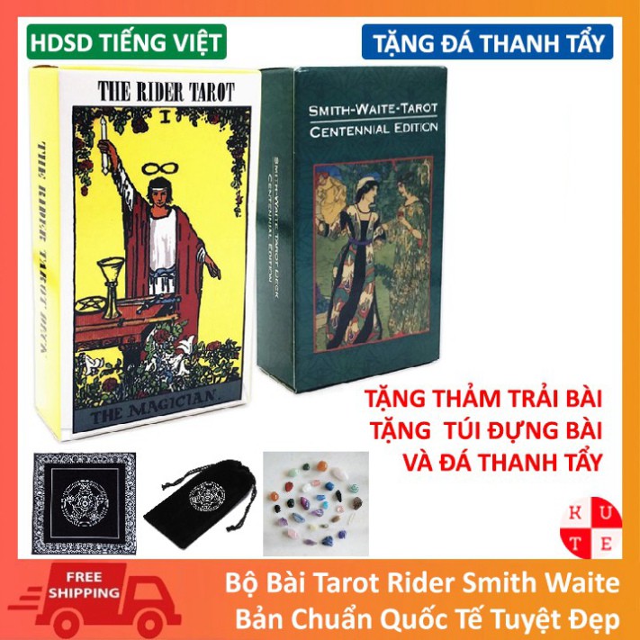 Combo Bài Tarot Rider Smith Waite 78 Lá Size Gốc Cán Màng Giấy Dày Dặn Tặng Túi Nhung, Thảm Trải Bài Và Đá Thanh Tẩy