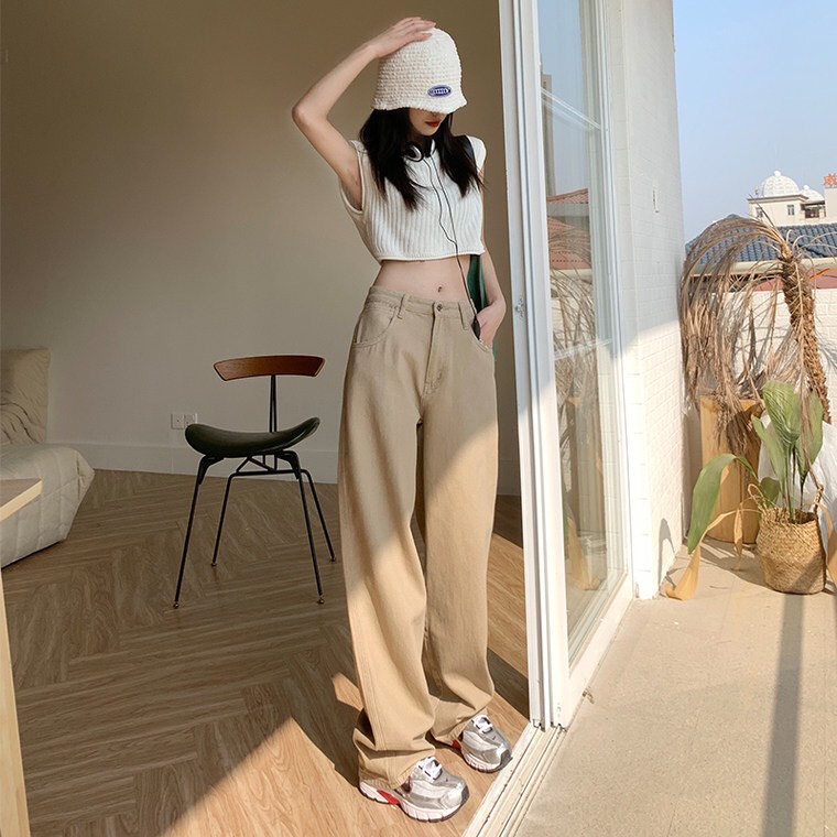 QUẦN KAKI ỐNG SUÔNG NỮ LƯNG CAO LAI CUỐN MÀU KEM CHẤT VẢI MỀM MỊN MÁT HOT HIT HADI SIÊU ĐỈNH