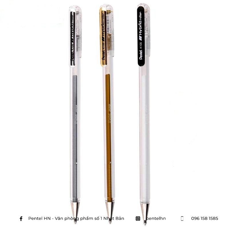 Bút Nhũ Pentel K108 Hybrid Roller | Màu Nhũ Tươi Sáng Nhanh Khô Không Lem Nhòe | Ngòi 0.8mm 3 Màu Mực (vàng, bạc, trắng)