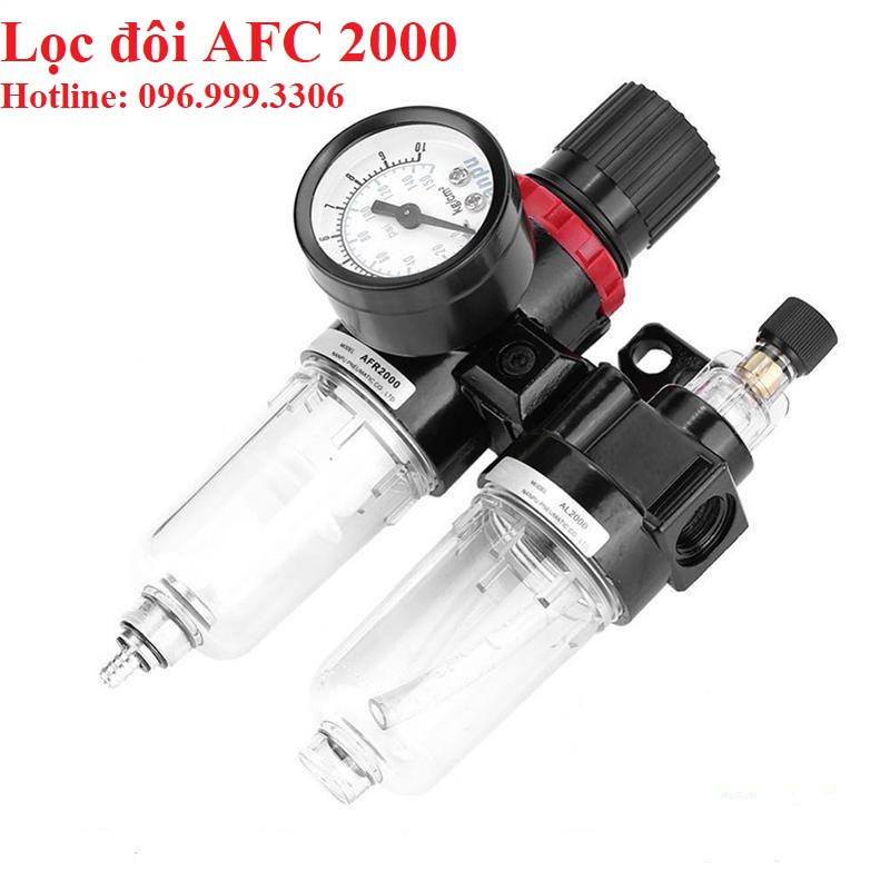 Bộ lọc đôi AFC2000 tách nước và châm dầu, kèm van giảm áp và đồng hồ ren 13mm giá sỉ