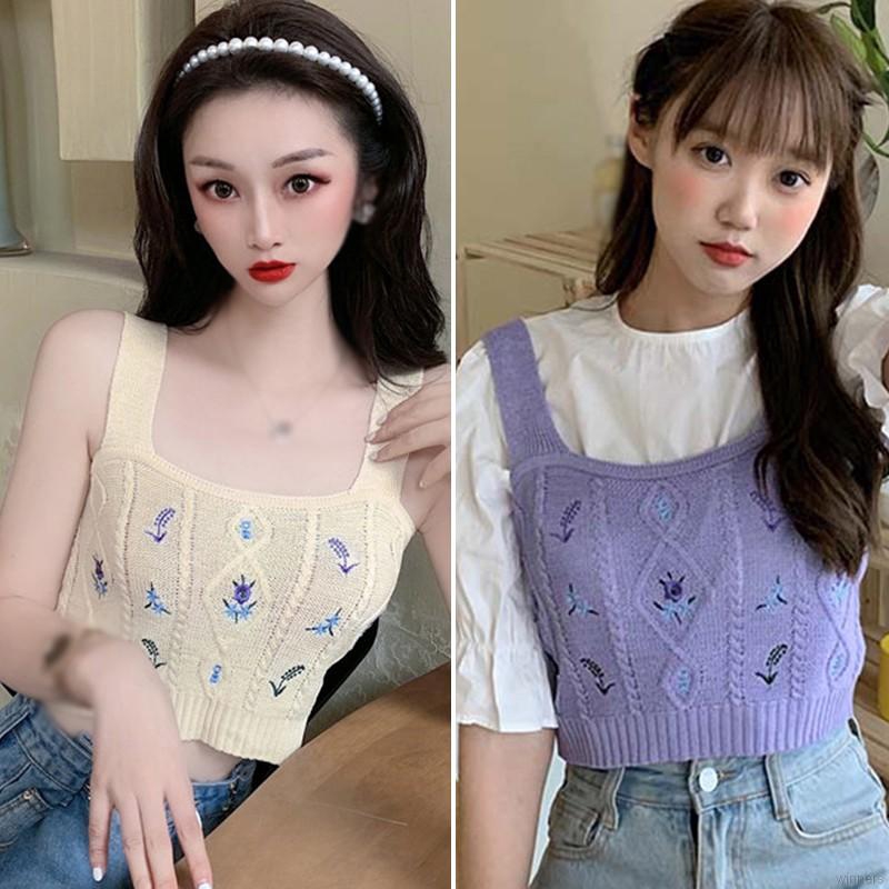 Women Knitted Tank Tops Floral Embroidery Camisole Summer Suspender Crop Top | BigBuy360 - bigbuy360.vn