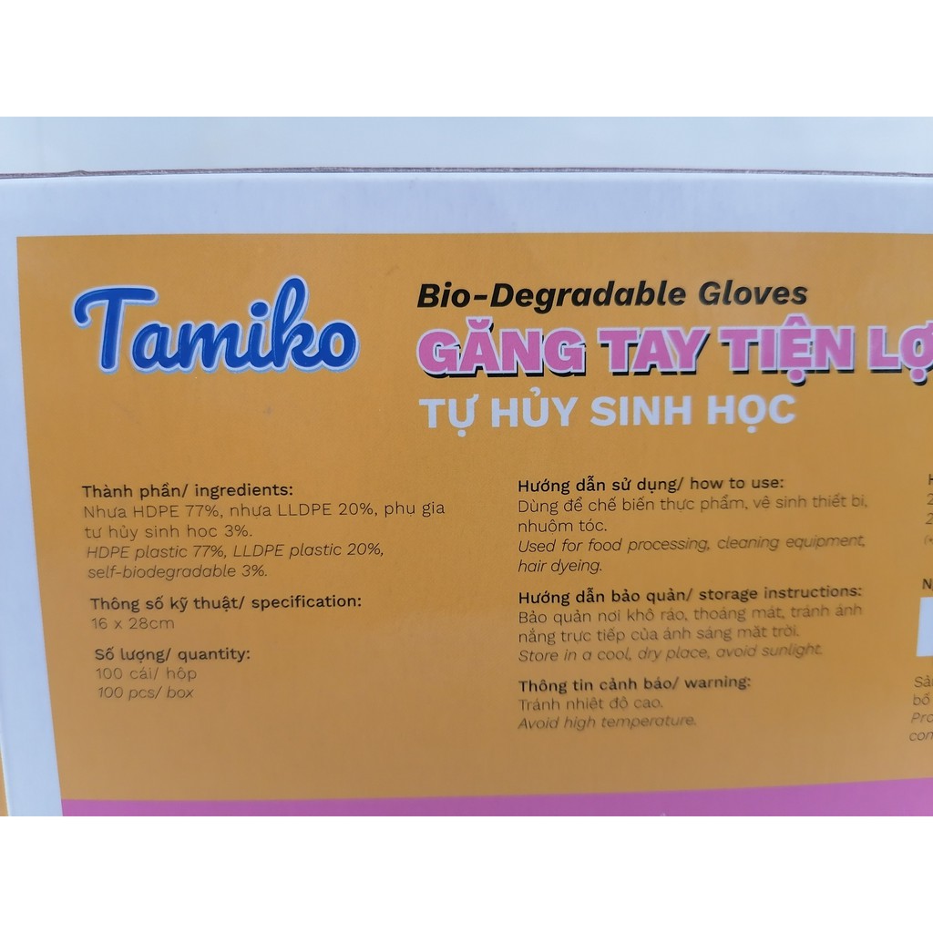 [Hộp VÀNG] (100 cái) BAO TAY NHỰA TỰ HỦY SINH HỌC [VN] TAMIKO Bio – Degradable Gloves