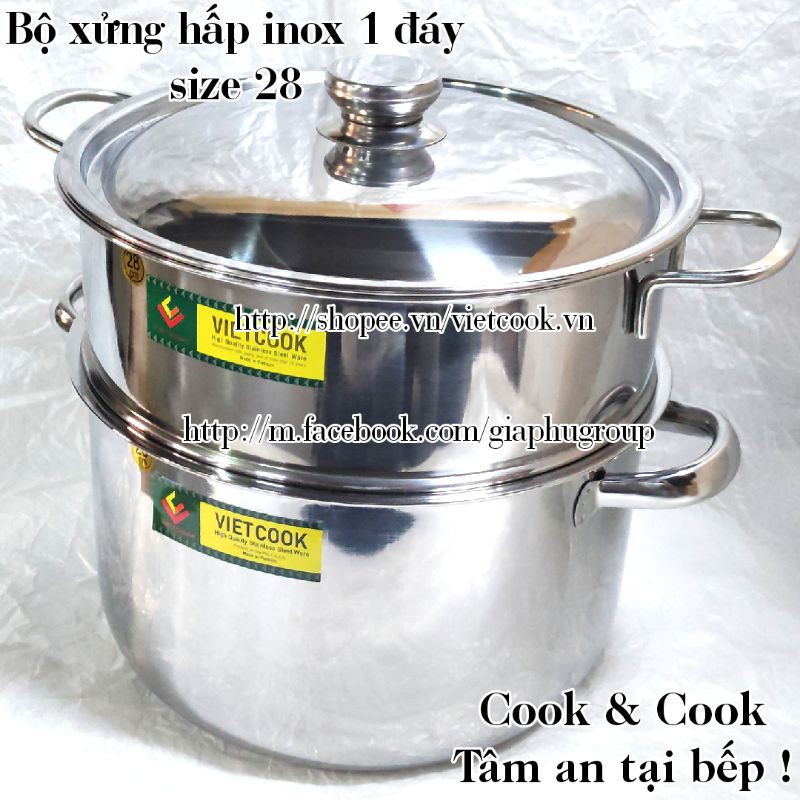 [CHÍNH HÃNG] Bộ xửng hấp inox size 28 Vietcook (nồi 10 lít) đáy từ, Chõ hấp, đồ xôi inox 4 đến 5 kg gạo