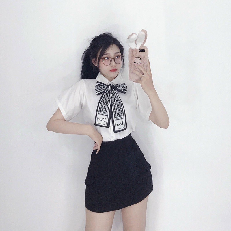 🌙 Suteki Openning: Áo kiểu voan kate cổ nơ sơ mi ngắn tay | BigBuy360 - bigbuy360.vn