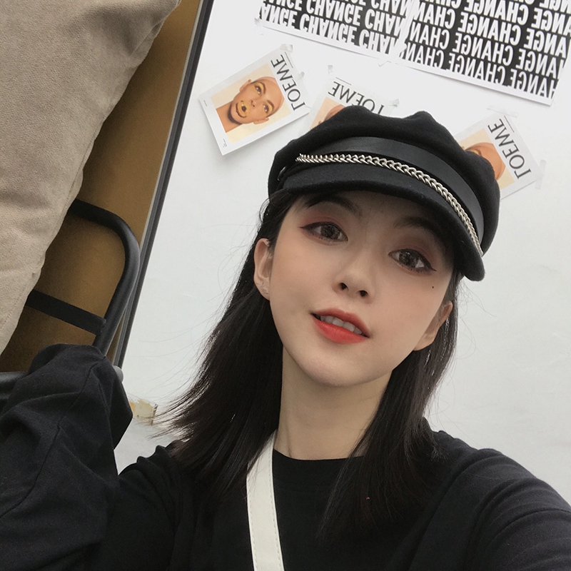 Mũ Beret Vải Len Phối Dây Xích Phong Cách Hàn Quốc Thời Trang Thu Đông Cho Nữ
