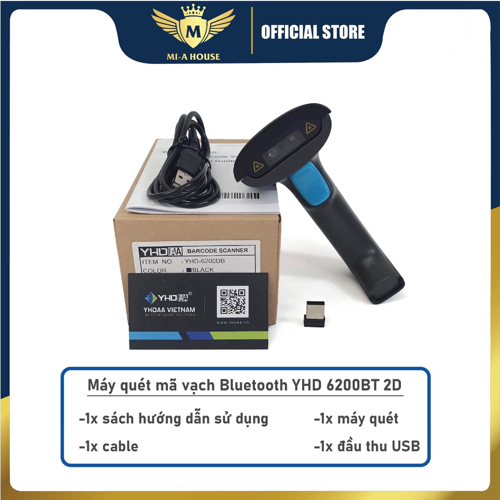 Máy bắn mã vạch QR - Máy quét mã vạch 2D - Đầu đọc Qrcode không dây kết nối Bluetooth YHD 6200BT dùng cho Smartphone, PC